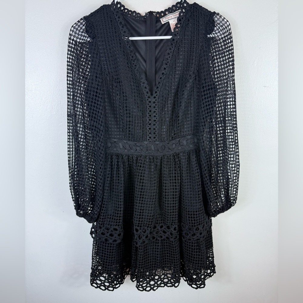 Flying Tomato Crochet‎ Dress Black XS Balloon Sleeves Mini Holiday Officewear